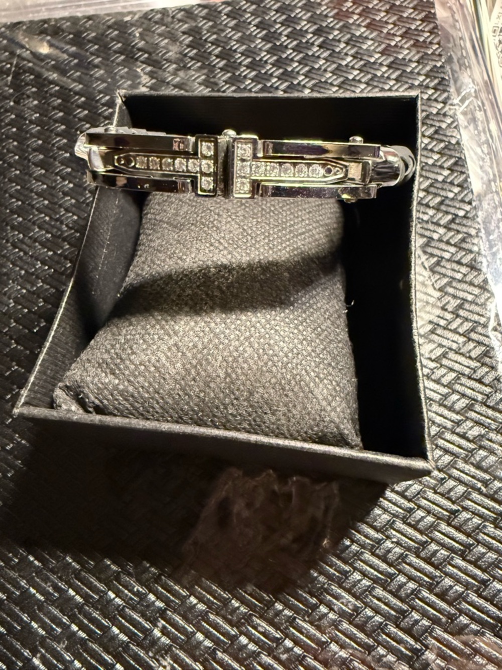 Silver Tone CZ’s Braided genuine leather Buckle lock Bracelet.  High end